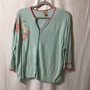 Sigrid Olsen Sport Cotton Blend Seafoam Beaded Embroidered Cardigan 2X